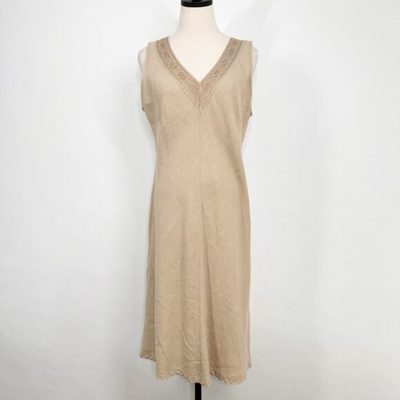 Cut Loose Embroidered Linen Dress Tan Midi Linen Lagenlook Minimalist Size L - Picture 1 of 10